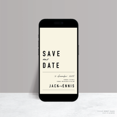 Visual design mock up of Never Let You Go digital wedding save the date featuring bold and delicate typography with modern, expressive layout and semi-custom design.