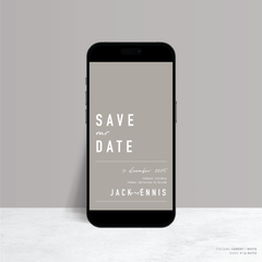 Visual design mock up of Never Let You Go digital wedding save the date featuring bold and delicate typography with modern, expressive layout and semi-custom design.