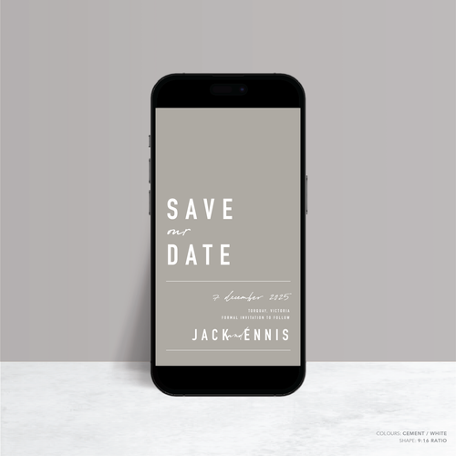 Visual design mock up of Never Let You Go digital wedding save the date featuring bold and delicate typography with modern, expressive layout and semi-custom design.