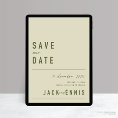 Visual design mock up of Never Let You Go digital wedding save the date featuring bold and delicate typography with modern, expressive layout and semi-custom design.