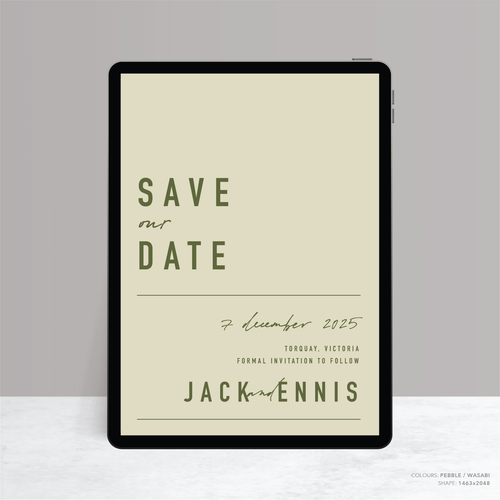 Visual design mock up of Never Let You Go digital wedding save the date featuring bold and delicate typography with modern, expressive layout and semi-custom design.