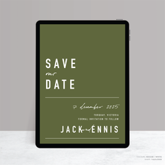 Visual design mock up of Never Let You Go digital wedding save the date featuring bold and delicate typography with modern, expressive layout and semi-custom design.