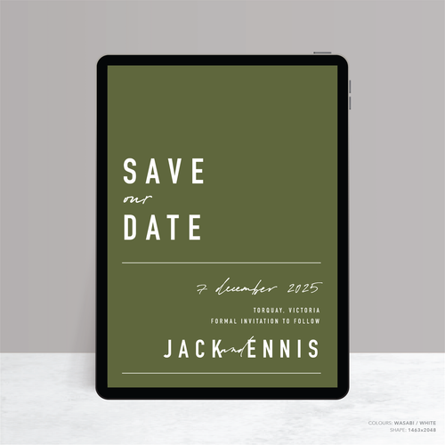 Visual design mock up of Never Let You Go digital wedding save the date featuring bold and delicate typography with modern, expressive layout and semi-custom design.