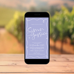 Visual mock up of semi-custom Vino digital wedding invitation with hand-drawn vineyard-inspired border.