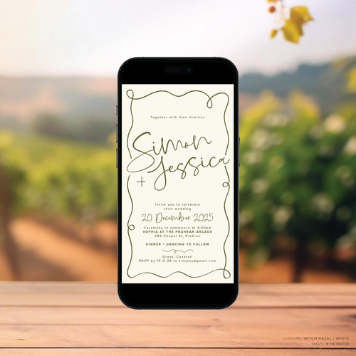 Visual mock up of semi-custom Vino digital wedding invitation with hand-drawn vineyard-inspired border.