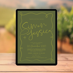 Visual mock up of semi-custom Vino digital wedding invitation with hand-drawn vineyard-inspired border.