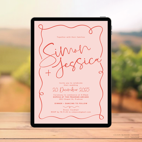 Visual mock up of semi-custom Vino digital wedding invitation with hand-drawn vineyard-inspired border.