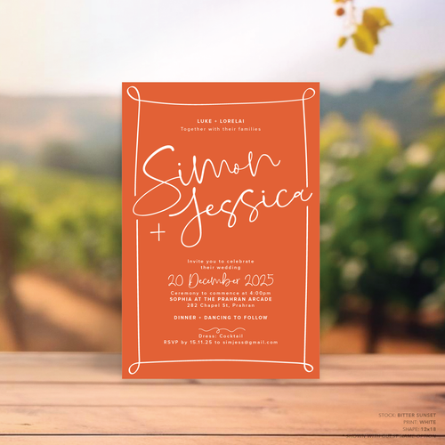 Rectangle shape flat lay of semi-custom Vino wedding invitation with hand-drawn vineyard-inspired border