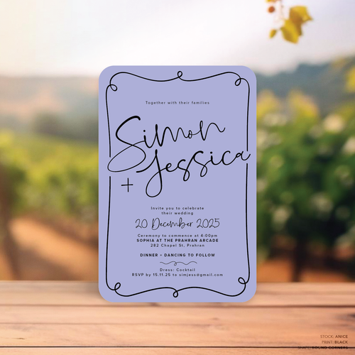 Round corner shape flat lay of semi-custom Vino wedding invitation with hand-drawn vineyard-inspired border