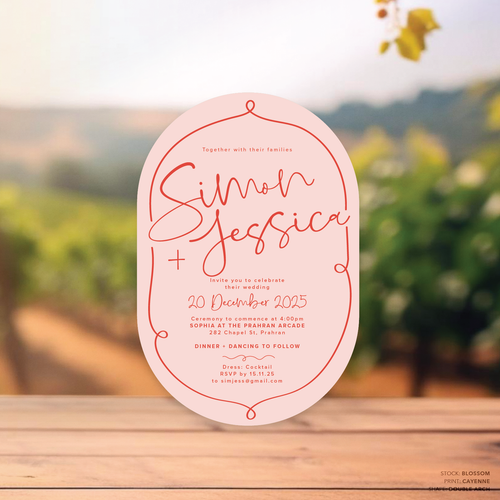 Double Arch shape flat lay of semi-custom Vino wedding invitation with hand-drawn vineyard-inspired border