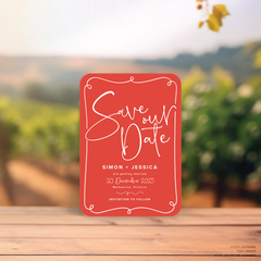 Round Corner shape flat lay of semi-custom Vino wedding save the date with hand-drawn vineyard-inspired border.