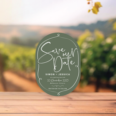Double Arch shape flat lay of semi-custom Vino wedding save the date with hand-drawn vineyard-inspired border.
