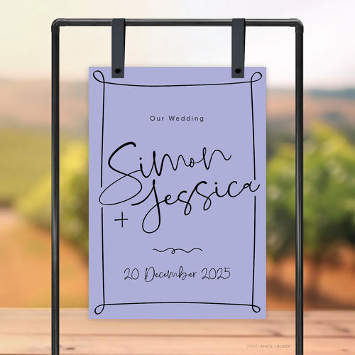 Rectangle shape flat lay of semi-custom Vino wedding welcome sign with hand-drawn vineyard-inspired border.