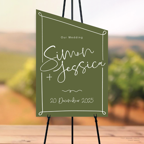 Angle shape flat lay of semi-custom Vino wedding welcome sign with hand-drawn vineyard-inspired border.