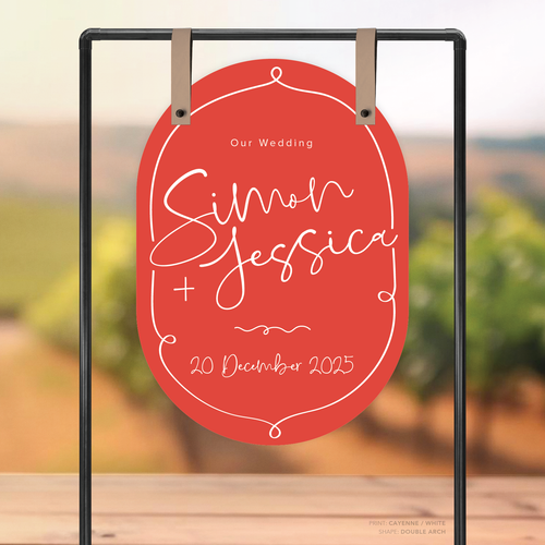Double Arch shape flat lay of semi-custom Vino wedding welcome sign with hand-drawn vineyard-inspired border.