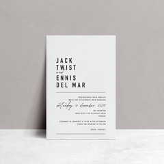 Rectangle shape flat lay of Never Let You Go wedding invitation featuring bold and delicate typography with modern, expressive layout and semi-custom design.