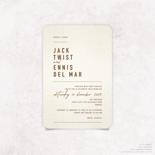 Round corner shape flat lay of Never Let You Go wedding invitation featuring bold and delicate typography with modern, expressive layout and semi-custom design.