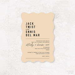 Wave shape flat lay of Never Let You Go wedding invitation featuring bold and delicate typography with modern, expressive layout and semi-custom design.