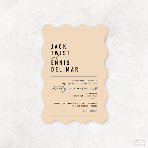 Wave shape flat lay of Never Let You Go wedding invitation featuring bold and delicate typography with modern, expressive layout and semi-custom design.