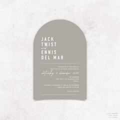 Arch shape flat lay of Never Let You Go wedding invitation featuring bold and delicate typography with modern, expressive layout and semi-custom design.