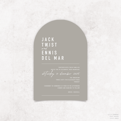 Arch shape flat lay of Never Let You Go wedding invitation featuring bold and delicate typography with modern, expressive layout and semi-custom design.