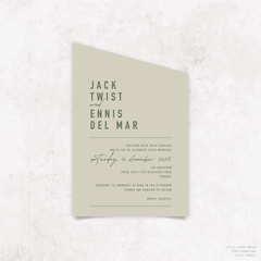 Angle shape flat lay of Never Let You Go wedding invitation featuring bold and delicate typography with modern, expressive layout and semi-custom design.