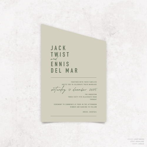 Angle shape flat lay of Never Let You Go wedding invitation featuring bold and delicate typography with modern, expressive layout and semi-custom design.