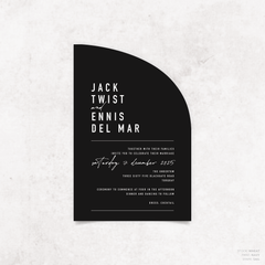 Sail shape flat lay of Never Let You Go wedding invitation featuring bold and delicate typography with modern, expressive layout and semi-custom design.