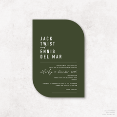 Double Up shape flat lay of Never Let You Go wedding invitation featuring bold and delicate typography with modern, expressive layout and semi-custom design.