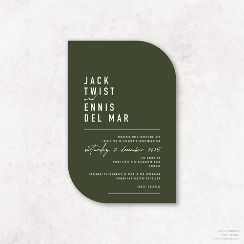 Double Up shape flat lay of Never Let You Go wedding invitation featuring bold and delicate typography with modern, expressive layout and semi-custom design.