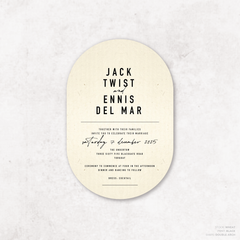 Double Arch shape flat lay of Never Let You Go wedding invitation featuring bold and delicate typography with modern, expressive layout and semi-custom design.