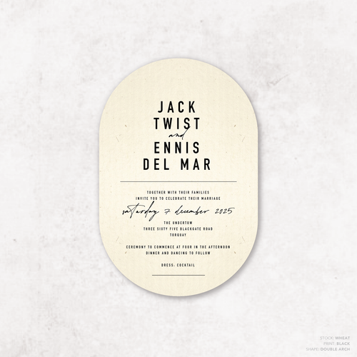 Double Arch shape flat lay of Never Let You Go wedding invitation featuring bold and delicate typography with modern, expressive layout and semi-custom design.