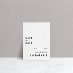 Rectangle shape flat lay of Never Let You Go wedding save the date featuring bold and delicate typography with modern, expressive layout and semi-custom design.