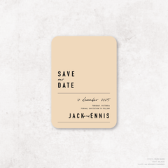 Round Corner shape flat lay of Never Let You Go wedding save the date featuring bold and delicate typography with modern, expressive layout and semi-custom design.