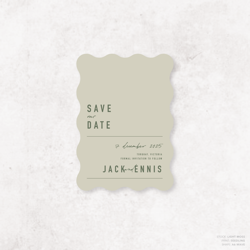 Wave shape flat lay of Never Let You Go wedding save the date featuring bold and delicate typography with modern, expressive layout and semi-custom design.