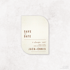 Double Up shape flat lay of Never Let You Go wedding save the date featuring bold and delicate typography with modern, expressive layout and semi-custom design.