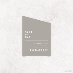 Angle shape flat lay of Never Let You Go wedding save the date featuring bold and delicate typography with modern, expressive layout and semi-custom design.