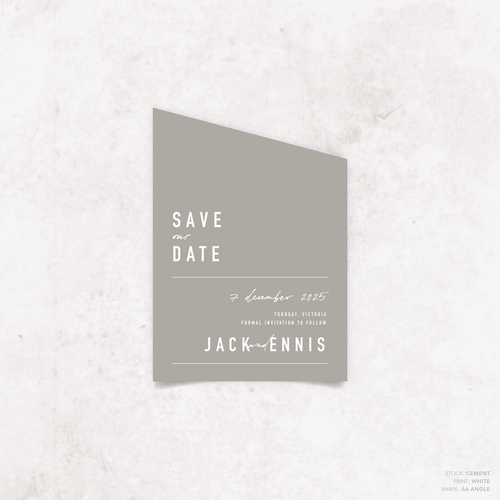 Angle shape flat lay of Never Let You Go wedding save the date featuring bold and delicate typography with modern, expressive layout and semi-custom design.