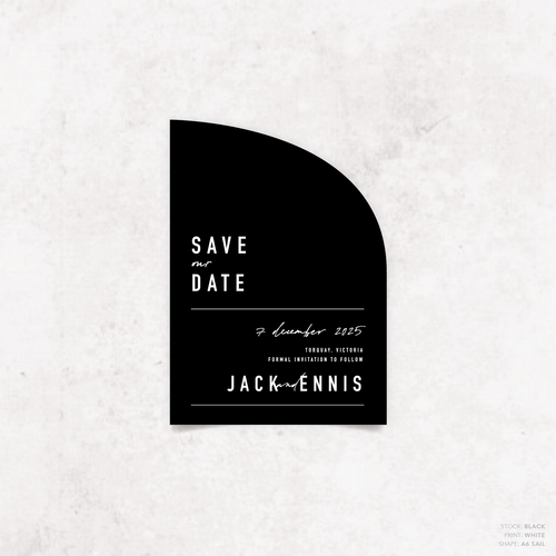 Sail shape flat lay of Never Let You Go wedding save the date featuring bold and delicate typography with modern, expressive layout and semi-custom design.