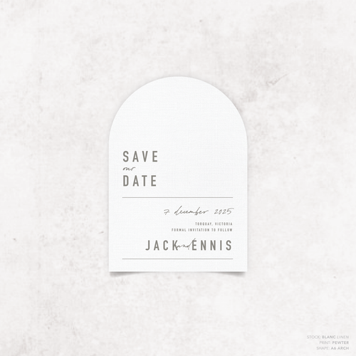 Arch shape flat lay of Never Let You Go wedding save the date featuring bold and delicate typography with modern, expressive layout and semi-custom design.