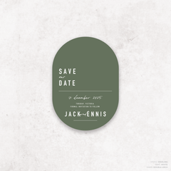 Double Arch shape flat lay of Never Let You Go wedding save the date featuring bold and delicate typography with modern, expressive layout and semi-custom design.