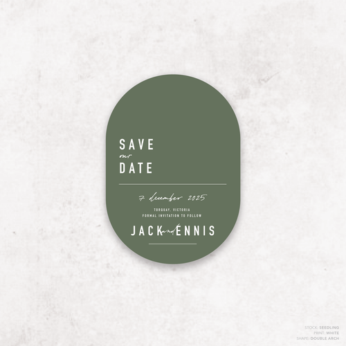 Double Arch shape flat lay of Never Let You Go wedding save the date featuring bold and delicate typography with modern, expressive layout and semi-custom design.
