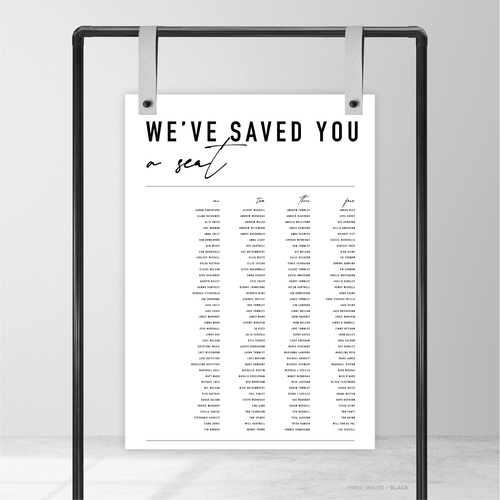 Rectangle shape flat lay of Never Let You Go wedding seating chart featuring bold and delicate typography with modern, expressive layout and semi-custom design.