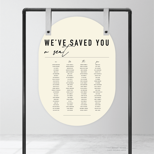 Double Arch shape flat lay of Never Let You Go wedding seating chart featuring bold and delicate typography with modern, expressive layout and semi-custom design.