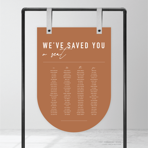 Bottom Arch shape flat lay of Never Let You Go wedding seating chart featuring bold and delicate typography with modern, expressive layout and semi-custom design.