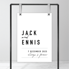 Rectangle shape flat lay of Never Let You Go wedding welcome sign featuring bold and delicate typography with modern, expressive layout and semi-custom design.