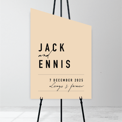 Angle shape flat lay of Never Let You Go wedding welcome sign featuring bold and delicate typography with modern, expressive layout and semi-custom design.