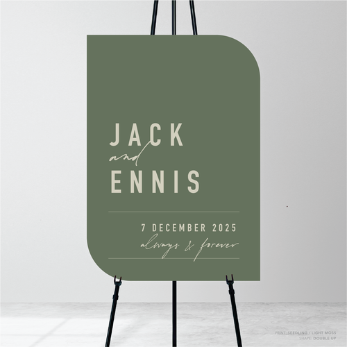 Double Up shape flat lay of Never Let You Go wedding welcome sign featuring bold and delicate typography with modern, expressive layout and semi-custom design.