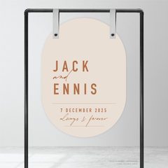 Double Arch shape flat lay of Never Let You Go wedding welcome sign featuring bold and delicate typography with modern, expressive layout and semi-custom design.