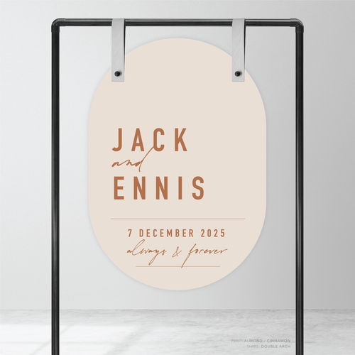 Double Arch shape flat lay of Never Let You Go wedding welcome sign featuring bold and delicate typography with modern, expressive layout and semi-custom design.